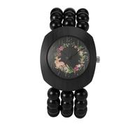 JewelryWe Orologio da donna con perline in legno boho: quadrante con corona floreale Tonneau al quarzo, cinturino elastico naturale realizzato a mano, adatto per 16 - 20 cm, stile casual, bohémien