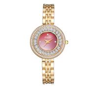 JewelryWe Orologio da donna con strass, analogico, al quarzo, con lunetta rotonda e strass, cinturino in metallo rimovibile, quadrante rosa, elegante, business, casual, regalo per donne, oro e rosso