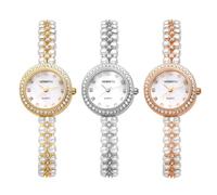 JewelryWe Orologio da donna con strass e perle, impermeabile, 30 m, con brillantini, analogico, al quarzo, elegante, piccolo, rotondo, casual, con cinturino in metallo sottile, Strass - Set da 3
