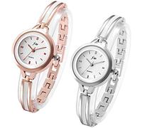 JewelryWe Orologio da donna elegante, analogico, al quarzo, da donna, piccolo, semplice, casual, con cinturino in metallo, oro rosa/argento, 2 pezzi (oro rosa + argento), Elegante