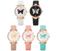 JewelryWe Orologio da donna in pelle con farfalla, elegante boho farfalla con strass, orologio analogico al quarzo, con cinturino in pelle, Preppy - Set da 5
