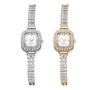 JewelryWe Orologio da donna, piccolo orologio quadrato, con strass, analogico, al quarzo, da donna, lussuoso, con quadrante quadrato in madreperla e cinturino sottile in metallo regolabile, Set da 2