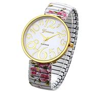 JewelryWe Orologio da donna, semplice e alla moda, ultra chiaro e facile da leggere, quadrante digitale grande, pratico orologio con cinturino elastico, stampa floreale, facile da indossare