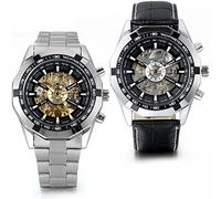 JewelryWe Orologio da Polso da Uomo Meccanico Cinturino in Acciaio inossidabile e Cuoio, Quadrante Trasparente