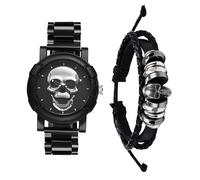 JewelryWe Orologio da Polso e Bracciale Teschio: Set 2 Pezzi Orologio al Quarzo e Bracciale in Tessuto Regolabile Idee Regalo Halloween