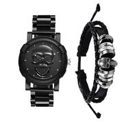 JewelryWe Orologio da Polso e Bracciale Teschio: Set 2 Pezzi Orologio al Quarzo e Bracciale in Tessuto Regolabile Idee Regalo Halloween