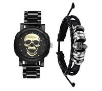 JewelryWe Orologio da Polso e Bracciale Teschio: Set 2 Pezzi Orologio al Quarzo e Bracciale in Tessuto Regolabile Idee Regalo Halloween