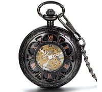 Jewelrywe Orologio da Tasca a Meccanico Quadrante Numero Romano Hollow con Collana in Lega Nero Oro Vintage