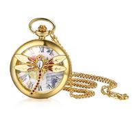 JewelryWe Orologio da tasca da donna elegante con albero della vita/teschio/farfalla/angelo ragazza, analogico, al quarzo, con collana, orologio tascabile, regalo oro rosa, Libellula - Oro