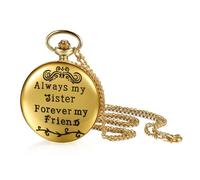 JewelryWe Orologio da tasca inciso con catena, da uomo e da donna, analogico, al quarzo, con incisione, semplice orologio liscio con ciondolo collana regalo, Always My Sister Forever My Friend - Gold