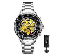JewelryWe Orologio da uomo automatico scheletrato: movimento meccanico color oro, numeri romani, quadrante nero, cinturino in acciaio inox regolabile, per la festa del papà, Oro - Nero, Abito alla