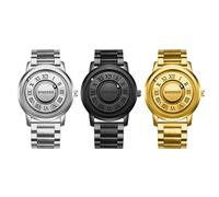 JewelryWe Orologio da uomo in acciaio inox, magnetico, senza vetro, cuscinetti a sfera, analogico, al quarzo, impermeabile, 30 m, da uomo, cinturino in acciaio inox, con numeri romani, Set da 3