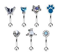 JewelryWe Set di 7 piercing per sopracciglia, in acciaio inox, con motivo a pipistrello, a forma di cuore, a forma di croce, a forma di farfalla, sopracciglia, labbra, piercing curvo, Zirconia cubica