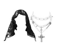 JewelryWe Set di gioielli barocchi gotici: collana a strati da donna con velo in pizzo ispirato alla massa, con catena incrociata e catena a strati per Halloween, Adjustable, Acciaio al titanio