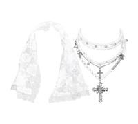 JewelryWe Set di gioielli barocchi gotici: collana a strati da donna con velo in pizzo ispirato alla massa, con catena a ossa incrociate, per Halloween, funerali, matrimoni, adult, Nessuna pietra