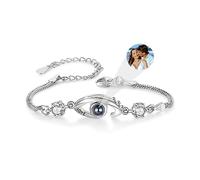 Jewieidea Bracciale Proiezione Foto Personalizzata Bracciale con foto Dentro con Ciondolo in Argento Oro rosa Gioielli di compleanno per moglie per mamma (Argento-1)