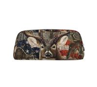 JEWOSS Astuccio unisex con stampa di cervi con bandiera americana, astuccio per matite e cosmetici, astuccio per piccoli gioielli, elegante astuccio in pelle con cerniera, astuccio per matite di alta