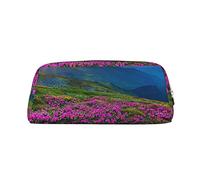 JEWOSS Astuccio unisex con stampa paesaggistica di fiori viola con prato e montagna, astuccio per matite o cosmetici, astuccio per piccoli gioielli, elegante astuccio in pelle con cerniera, astuccio