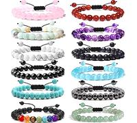 JEWPARK 12 pezzi 8 mm Semi-prezioso Gemstone Bracelet Set Healing Crystal Stone Bracelets for Men Women Round Beaded Adjustable Macrame Bracelets, 5.9 - 10.6 inches, Metallo, Zirconia cubica