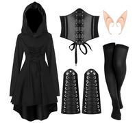 Jeyiour 5 Pcs Women Renaissance Fairy Costumes Set Medieval Hooded Robe Elf Ears Accessories for Halloween Cosplay (Black,X-Large)