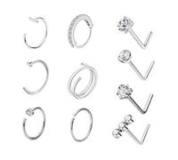 JEYORZY 10 Pcs 20G Piercing Naso Acciaio chirurgico Argento Piercing Naso Anello Fiore Cuore Argento C L forma anello Piercing Naso Orecchini Orecchini Piccolo Piercing Anello Naso per Donne Uomini