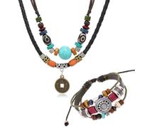 JEYORZY 2 Pcs Gioielli Bohemien Set Per Donne, Braccialetto In Pelle Multistrato Boho,Collana Vintage Etnico Lunga Turchese a Più Strati,Collana Bracciale Etnica Donna,Gioielli Cerchio Western Tribali