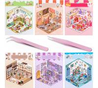 JEYORZY 6 Sets DIY 3D House Stickers, Fun DIY Stickers Scene Make Your Own Supermarket|Coffee Shop|Restaurant|Bookstore, Fun Stacking Scene Sticker, 3D Sticker Scenes Sticker con 2 Pinzette