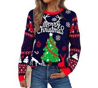 Jezonga Maglione Natalizio Donna Divertente Maglia di Natale Maglioni di Natale Pullover Sweater Stampa Fiocco di Neve Alce a Maniche Lunga Girocollo Festa Natalizie Blu L