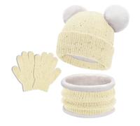 JFAN 3 in1 Inverno Berretto Bambina Scaldacollo Guanti Set Caldo Cappello a Maglia e Scaldacollo Bambino Inverno Palla di Pelo Ragazzi Ragazze Berretto 1 e 8 Anni+1-Beige