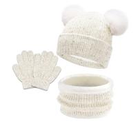 JFAN 3 in1 Inverno Berretto Bambina Scaldacollo Guanti Set Caldo Cappello a Maglia e Scaldacollo Bambino Inverno Palla di Pelo Ragazzi Ragazze Berretto 1 e 8 Anni+Bianco