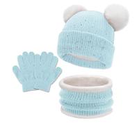 JFAN 3 in1 Inverno Berretto Bambina Scaldacollo Guanti Set Caldo Cappello a Maglia e Scaldacollo Bambino Inverno Palla di Pelo Ragazzi Ragazze Berretto 1 e 8 Anni+Blu-1