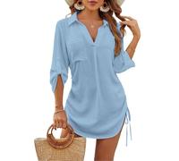 JFAN Copricostume Donna Mare Casual Camicia Lunga Scollo a V Copri Costume da Spiaggia Sciolti Regolabile Bikini Cover Up Blu,Taglia Unica