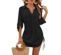 JFAN Copricostume Donna Mare Casual Camicia Lunga Scollo a V Copri Costume da Spiaggia Sciolti Regolabile Bikini Cover Up Nero,Taglia Unica