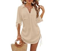 JFAN Copricostume Donna Mare Casual Camicia Lunga Scollo a V Copri Costume da Spiaggia Sciolti Regolabile Bikini Cover Up Beige,Taglia Unica