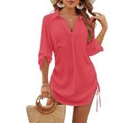 JFAN Copricostume Donna Mare Casual Camicia Lunga Scollo a V Copri Costume da Spiaggia Sciolti Regolabile Bikini Cover Up Magenta,Taglia Unica