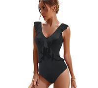 JFAN Costume da Bagno Intero da Donna con XLcollo a V Criss Cross Arruffato Costume Intero Donna Monokini Push Up Nero XL