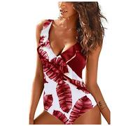 JFAN Costume da Bagno Intero Donna con Scollo A V Volant Stampa A Foglie Costumi da Mare Controllo della Pancia Un Pezzo Rosso Large