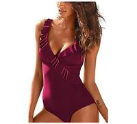 JFAN Costume da Bagno Intero Donna con Scollo A V Volant Stampa A Foglie Costumi da Mare Controllo della Pancia Un Pezzo Vino Rosso Medium