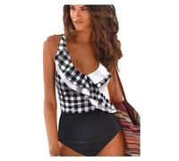 JFAN Costume da Bagno Intero Donna con Scollo A V Volant Stampa A Foglie Costumi da Mare Controllo della Pancia Un Pezzo Plaid in Bianco e Nero X-Large