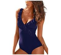 JFAN Costume da Bagno Intero Donna con Scollo A V Volant Stampa A Foglie Costumi da Mare Controllo della Pancia Un Pezzo Navy Blu Small