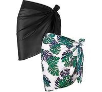 JFAN Donna Pareo Mare 2 Pezzi Spiaggia Wrap Sarong Chiffon Gonne Multiuso Bikini Coprire Beach Wrap Corto Pareo da Spiaggia Nero+ Foglia Verde