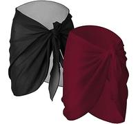 JFAN Donna Pareo Mare 2 Pezzi Spiaggia Wrap Sarong Chiffon Gonne Multiuso Bikini Coprire Beach Wrap Corto Pareo da Spiaggia Nero+Vino Rosso