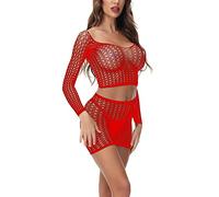 JFAN Lingerie Rete Donna con Maniche Lunghe Babydoll Completino Intimo Mini Abito da Donna a Rete Rosso Taglia Unica