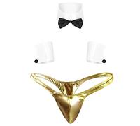 JFAN Perizomi da Uomo String Tanga biancheriaa Intima Sexy Hot Set Intimo da Uomo con Papillon Polsini Perizoma Giallo Taglia Unica