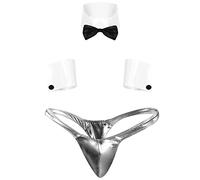 JFAN Perizomi da Uomo String Tanga biancheriaa Intima Sexy Hot Set Intimo da Uomo con Papillon Polsini Perizoma Argento Taglia Unica