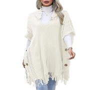 JFAN Poncho Donna Invernale Poncho in Maglia con Cappuccio e Bottoni Mantelle con Nappe Coprispalle Bianco