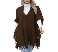 JFAN Poncho Donna Invernale Poncho in Maglia con Cappuccio e Bottoni Mantelle con Nappe Coprispalle Marrone