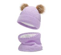JFAN Sciarpa Invernale per Bambini in Maglia Doppia con Cappello Caldo a Forma di Palla di Pelo Cappello a Doppia Palla di Capelli + Sciarpa,Viola