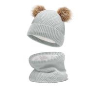 JFAN Sciarpa Invernale per Bambini in Maglia Doppia con Cappello Caldo A Forma di Palla di Pelo Cappello a Doppia Palla di Capelli + Sciarpa,Grigio