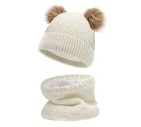 JFAN Sciarpa Invernale per Bambini in Maglia Doppia con Cappello Caldo A Forma di Palla di Pelo Cappello a Doppia Palla di Capelli + Sciarpa,Bianco